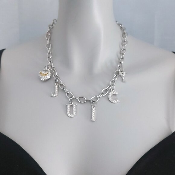 VTG Juicy Couture Necklace Y2K Pave Crystals Heart Lock Crown Charm Silver Tone - Picture 2 of 14